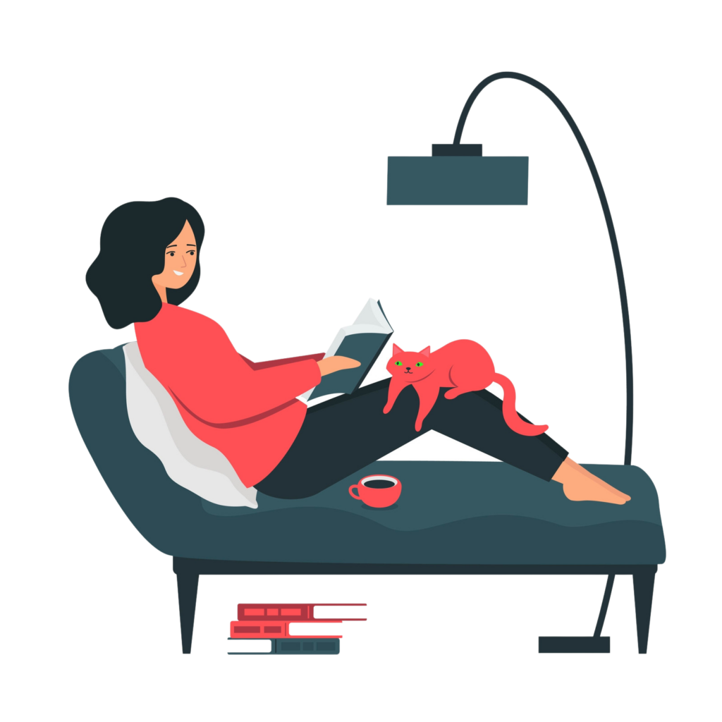 happy woman reading with cat