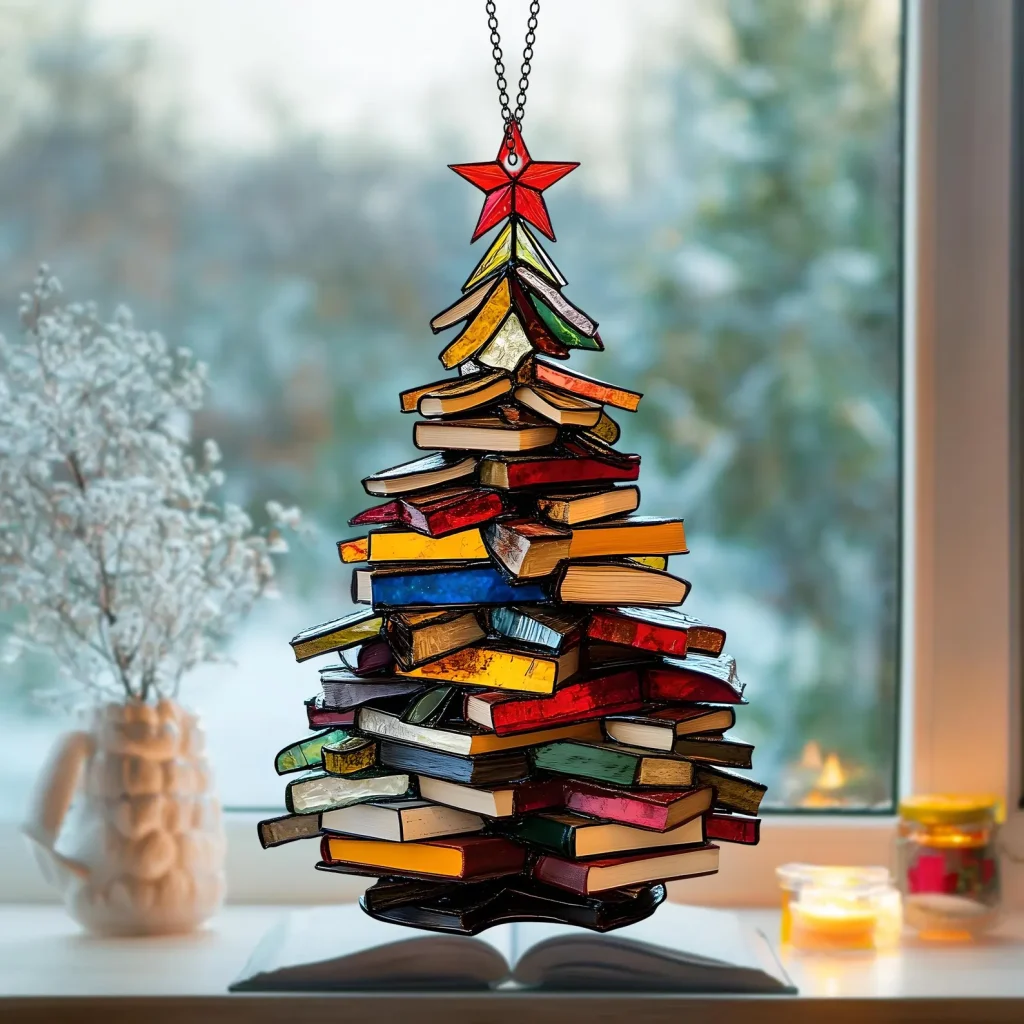 Christmas book tree glass ornament